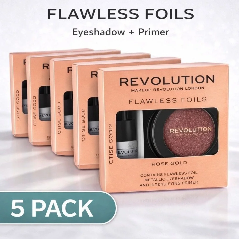 5 Pack Makeup Revolution Flawless Foils Eyeshadow and Primer Rose Gold Metallic